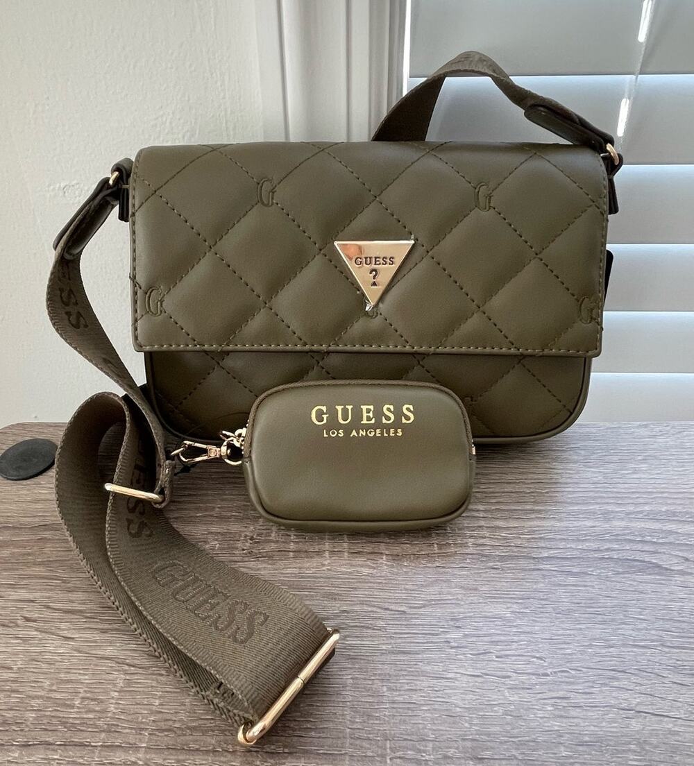 NWT GUESS Colton Mini Crossbody Bag Olive Green Quilted Faux Leather w Pouch